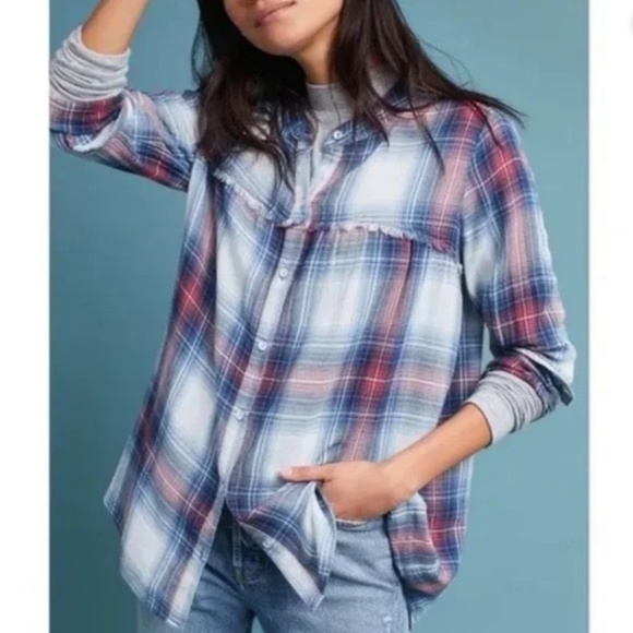 Anthropologie Cloth & Stone Red Blue Cotton Plaid Collarless Button Front Top S - Picture 2 of 13